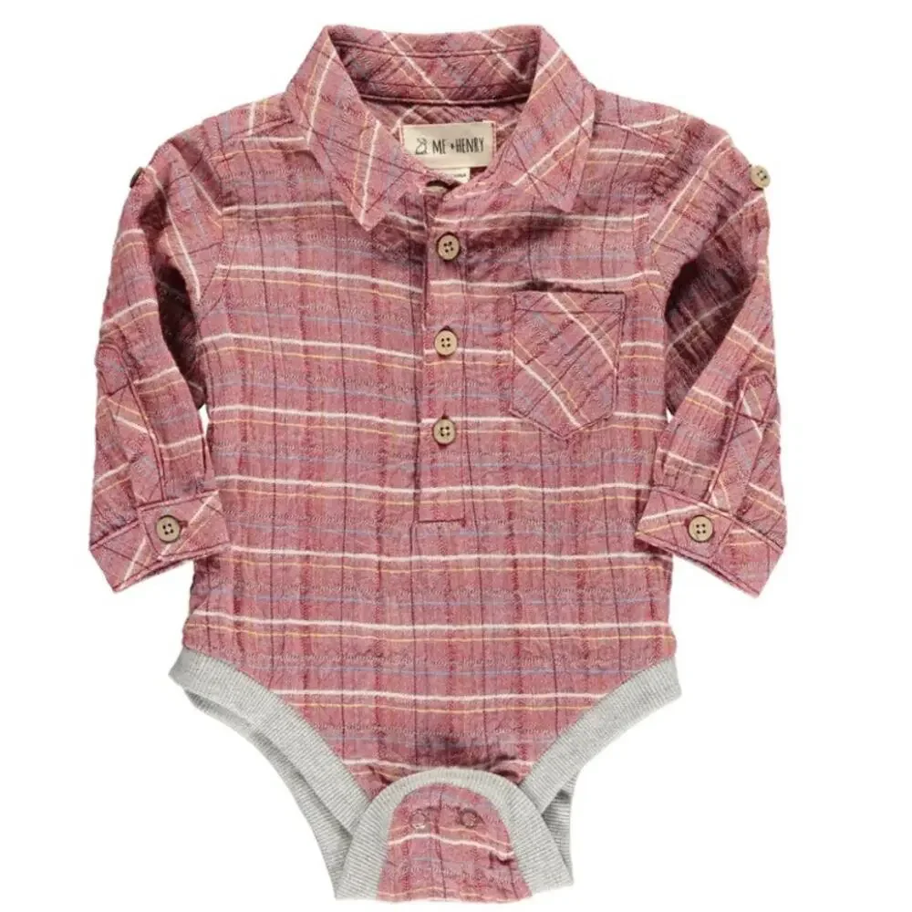 Me & Henry Infant Bodysuit Baby Boy 3-6M Red Brown Plaid Woven 3 Button Shirtzie